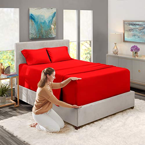 Image of Nestl King Bed Sheet Set - Red - 4-Piece Extra Deep Pocket | Instantly Soft, Night-One Ready (No Wash Required). Fits Extra Deep Pockets up to 24 Inches, 360-Degree Elastic Grip