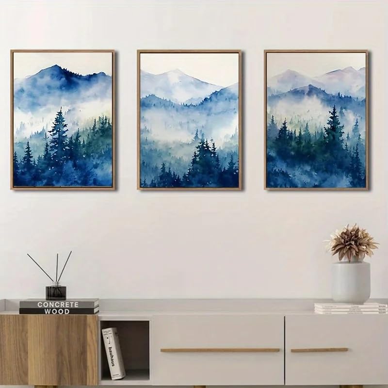 Tableau sur toile pour habiller un grand mur vide avec un paysage de forêt et montagne bleu