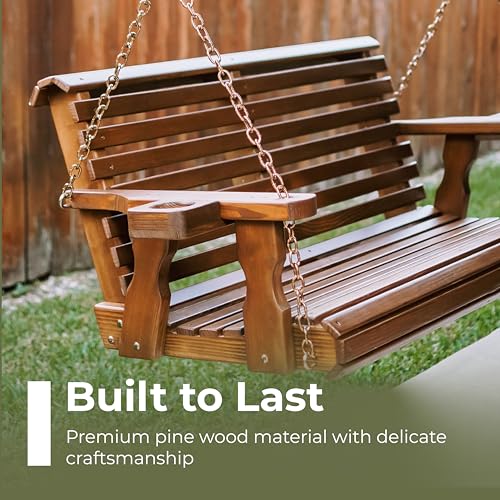 Image of Amish Casual Heavy Duty 700 Lb Capacity Porch Swing (3 Foot, Semi-Solid Black Stain) - Wooden Outdoor Roll Back Swing with Hanging Chains - Amish Made in the USA