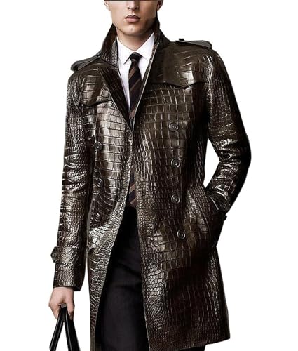Men’s Alligator Double Breasted Crocodile Brown Faux Leather Coat