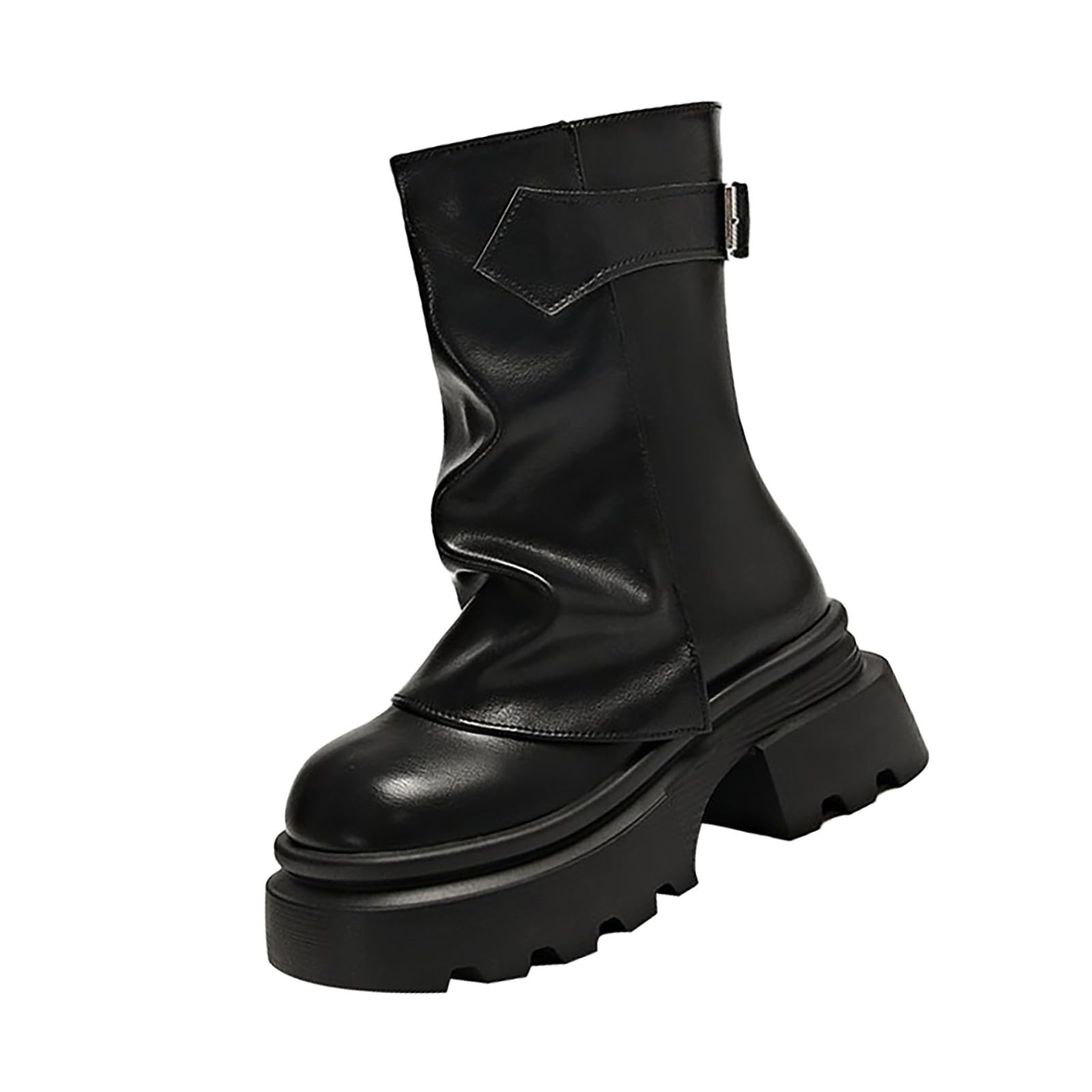 Bottines de motard pour femme avec talon bloc et boucles à plateforme - Bottes de loisirs en cuir - Bottes courtes rétro à enfiler - Bottines à enfiler - Bottines pour femme - Bottines de transition