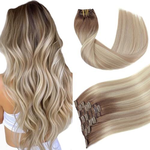 Youngsmile Balayage Clip in Hair Extensions Human Hair, 14 Inch Real Human Hair