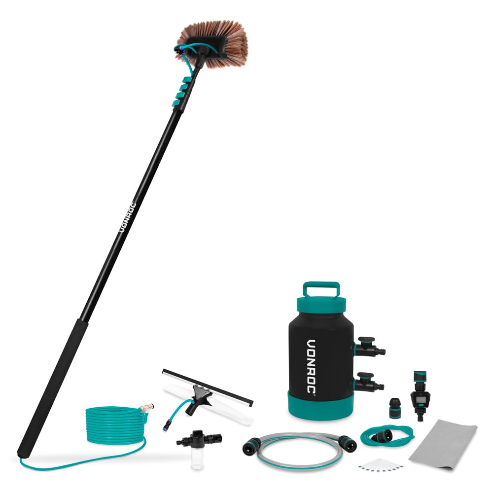 VONROC Cepillo telescópico de 6,​5 m + descalcificador de agua portátil | Limpieza sin cal para casa, coche, caravana, paneles solares | Kit completo con dispensador de jabón y accesorios