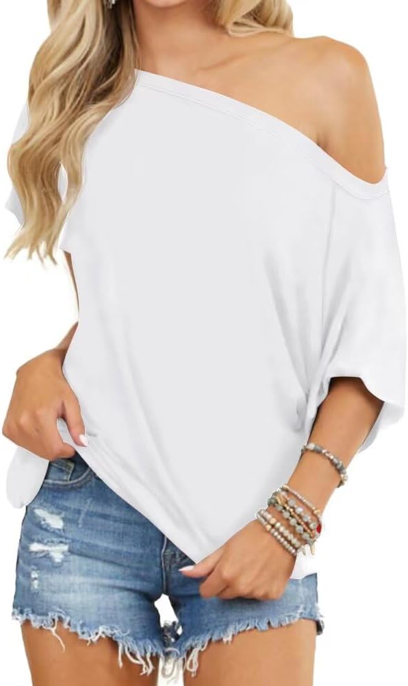 LEEDYA Off The Shoulder Tops for Women Summer Short Sleeve Oversized Shirts Casual Loose Batwing Tunic Top Fashion Clothes