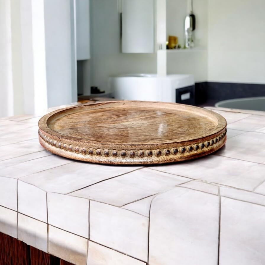 Image of Round Wood Serving Tray, Rustic Nesting Trays Stackable Platters for Serving Cakes, Pastries, Snacks, Breakfast,Decorative Wooden Beaded Tray 10 inches Centerpiece for Dining & Coffee Table