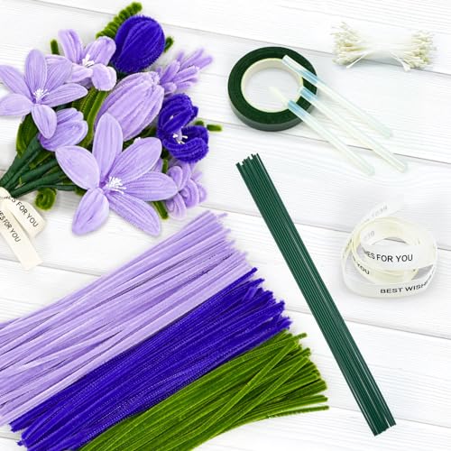 300 Stück Pfeifenreiniger zum Basteln Set, Pfeifenreiniger Blumen Set, Chenilledraht Biegeplüsch zum Basteln (Helles Violett/Violett/Moosgrün)