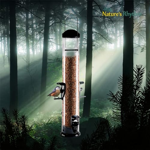 Natures-Rhythm-Hanging-Classic-Tube-Wild-Bird-Feeder-Premium-Hard-Plastic-Garden-Yard-Outdoor-Bird-Feeder-with-Steel-Hanger-Weatherproof-and-Water-Resistant4-Feeding-Ports15lb-Black