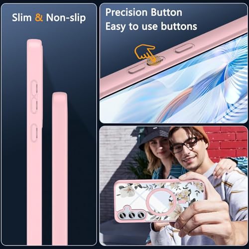 Image of VONZEE Compatible with Samsung Galaxy S25 FE 5G Case Luxury Retro Flowers Floral Clear for Magnetic Wireless Charging Case Shockproof PC+TPU Cute Glossy Shiny Cover for Girls Women, Pink