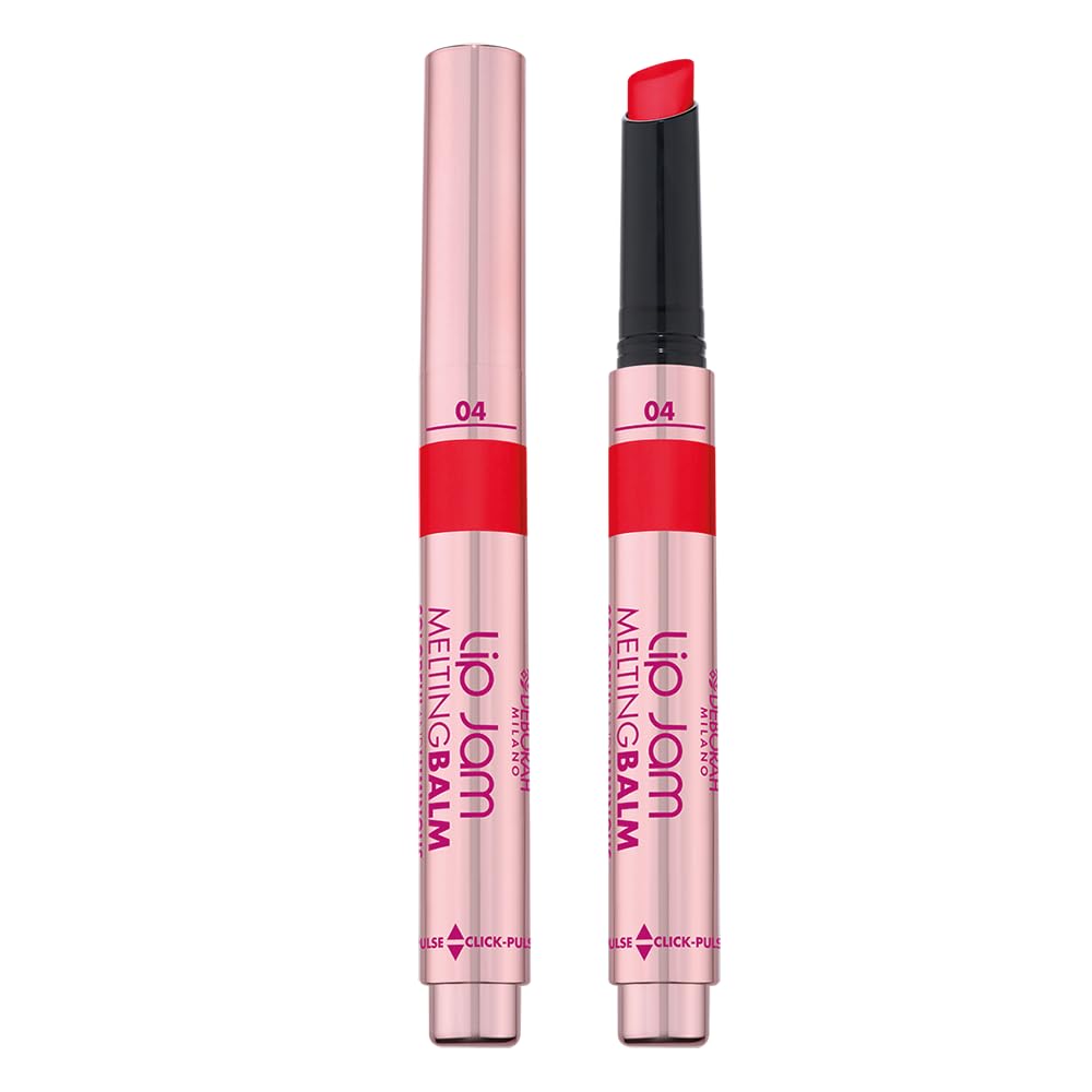 Deborah Milano - Lip Jam Melting Balm, Balsamo Labbra Colorato Idratante ed Emolliente, Colore Brillante fino a 12 Ore, Finish Luminoso, Texture Leggera, Elegante Confezione a Penna, 04 Strawberry