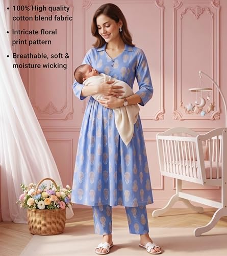 Image of DUMMY SHAPE Maternity Dresses for Women Cotton Rayon | Floral Kurta Pant Dupatta Set with Nursing Zippers to Pre & Post Partum | Feeding Kurtis | Mom to Be Gifts for Pregnant Woman