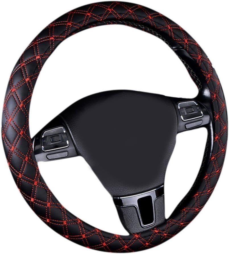 15inch Odorless Quilted Stitching Pattern Leather Car Steering Wheel Cover-Black with red