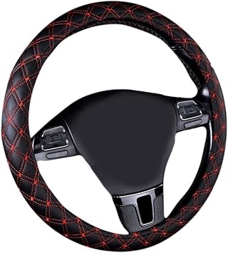 15inch Odorless Quilted Stitching Pattern Leather Car Steering Wheel Cover-Black with red
