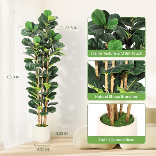 7FT Artificial Fiddle Leaf Fig Tree with Natural Wood Trunk,Tall Fake Fiddle Leaves Plant in White Planter, Floor Plants for Living Room Indoor Home Decor,Housewarming Gift