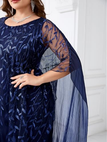 Image of Plus Size Sparkly Formal Evening Gown Sequin Cape Overlay Mother of Bride Dress Wedding Guest Cocktail Party