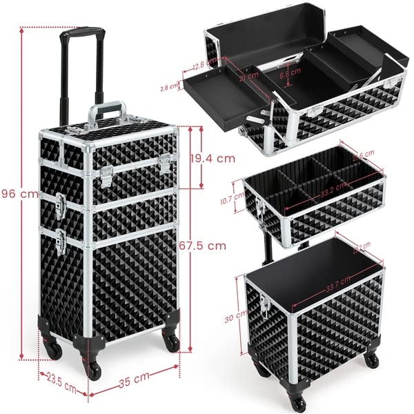 Yaheetech 3 in 1 Valigia Valigetta Trucchi Trolley Make Up Professionale Cosmetici Portatile in MDF e Lega di Alluminio per Parrucchieri Nero 35 x 23,5 x 67,5 cm