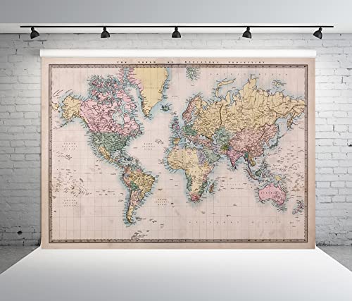 BELECO Vintage Map Backdrop Fabric 9x6ft Original Veteran Color Map of The World Photography Background Wallpaper Travel Theme Birthday Party Decorations Kids Adults Portrait Shooting Photo Props