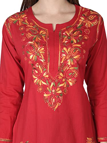 Image of Seva Chikan Hand Embroidered Lucknowi Chikankari Cotton Short Kurti Tunic Top for Women SCL4076