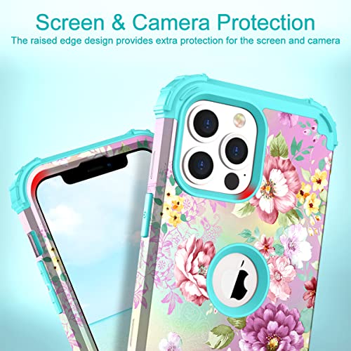 Image of Hocase for iPhone 13 Pro Max Case, Heavy Duty Shockproof Protection Soft Silicone Rubber Bumper+Hard Plastic Hybrid Protective Case for iPhone 13 Pro Max (6.7 inch) 2021 - Purple Florals /Teal