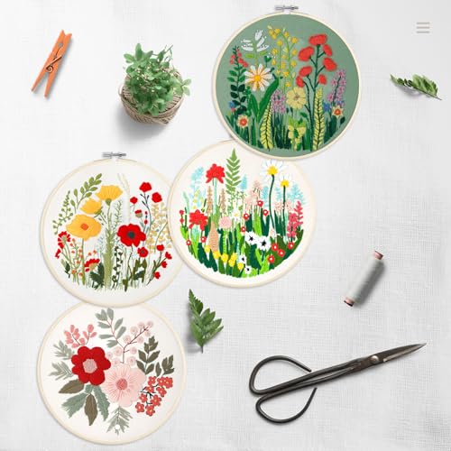 Image of Bonroy Embroidery Kit for Beginners with Instructions,Cross Stitch Kits for Adults with Pattern,Needlepoint Kits for Adult Include Embroidery Cloth Hoops Needles Threads (flowers5)