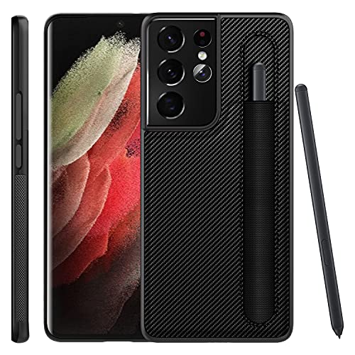 S21 Ultra Phone Case with S Pen Holder, Carbon Fiber Leather Cover Protective Accessories Designed for Samsung Galaxy S21 Ultra 5g Case [Only Case Not Include Pen] (Fiber Black)