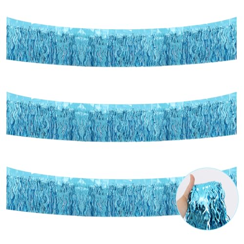 Image of BEISHIDA 3 Pack Light Blue Wavy Foil Fringe Garland 30ft Tinsel Wall Decor