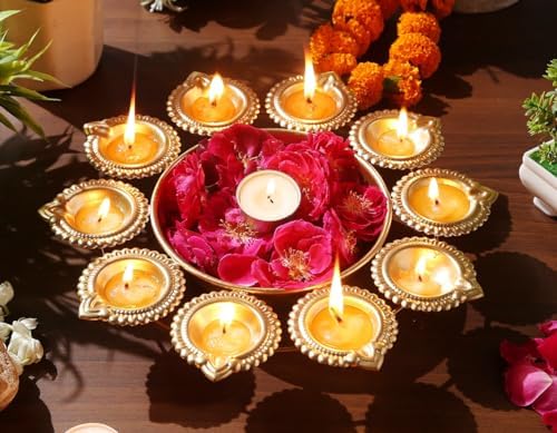 R Ayurveda Copper Metal Decorative Metal Diya Traditional Diya Urli Tealight Holder Golden Bowl for Floating Flowers Home,Office Wedding Decor Size 10 Inches