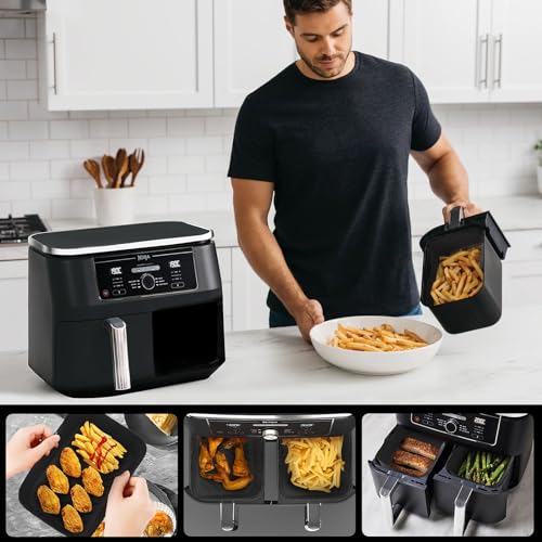 Image of Air Fryer Liners I Round Silicone Basket Baking Tray I Pot with Ear Handles I Nonstick Reusable Heat Resistant I Cooking Oven Insert Accessories (Grey+Grey)