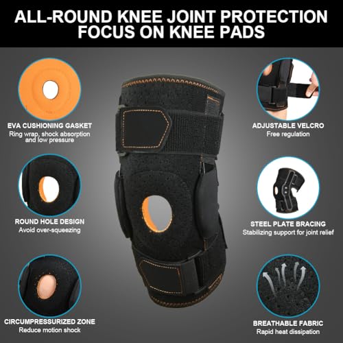 AOOWU Hinged Knee Support Brace, Adjustable Open Patella, Hinged Knee Support with Parallel Straps & Dual Side Stabilizers