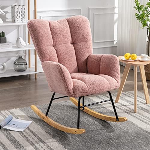 Deolme Modern Teddy Velvet Rocking Accent Chair Upholstered Rocking Glider Chairs Nursery Comfy Rocker Armchair Side Chair for Living Room, Bedroom (Teddy Pink, Type 2)