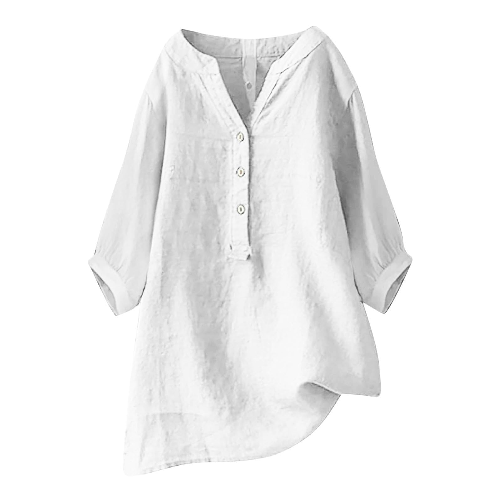 Nantdog Linen Shirts for Women Summer Beach 3/4 Length Sleeve V Neck Button Tops Dressy Casual Tunic Loose Blouse 2025