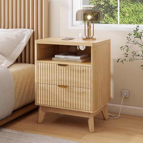 LYNCOHOME Fluted Nightstand with Charging Station, 19.7 inch Wide...