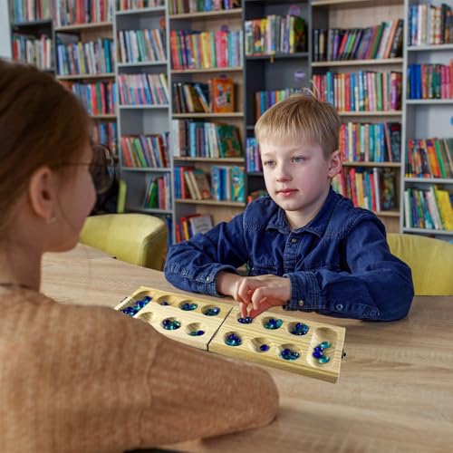 Mancala Board Game con tablero plegable de madera miniatura 5