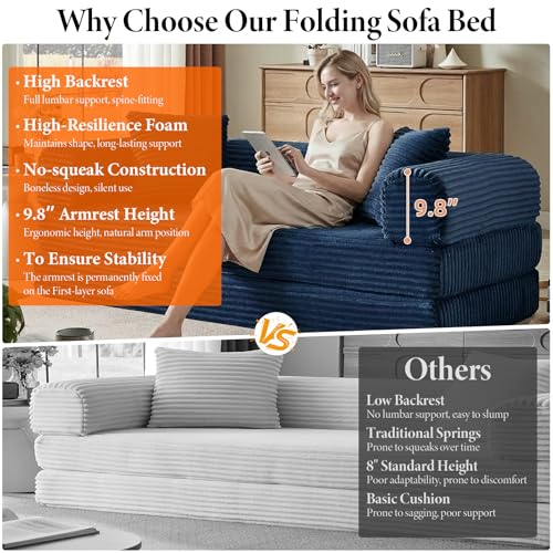 Image of 4-in-1 Convertible Folding Sleeper Sofa Bed, Fold Out Floor Sofa Couch with Fixed-Shape Frame, Cloud Corduroy Foldable Mattress Couch for Living Room Bedroom (78 inch Corduroy, Dark Blue)