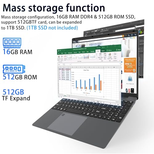 Image of 15.6 inch Laptop, Quad-Core N95 Processor FHD Laptop PC, 16GB DDR4 512GB SSD 1920X1080P Display Portable Laptop Computer, Business Laptop with Fingerprint Unlock with WiFi, BT4.2 Mini HDMI, USB 3.2