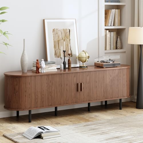Image of 70.8 inch TV Stand with Power Outlet, Mid-Century Modern Television Stand, Fluted Media Console with Sliding Doors, Entertainment Center for TVs up to 60 Inch, Adjustable Shelves, Walnut