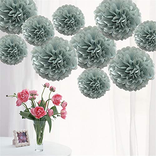 Time to Sparkle TtS 10 Pièces Tissu Papier Pompons Boules Fleurs Papier Soie Boule Balle Mariage Fête Décoration (Gris Clair, Extra Large(10+12+15))