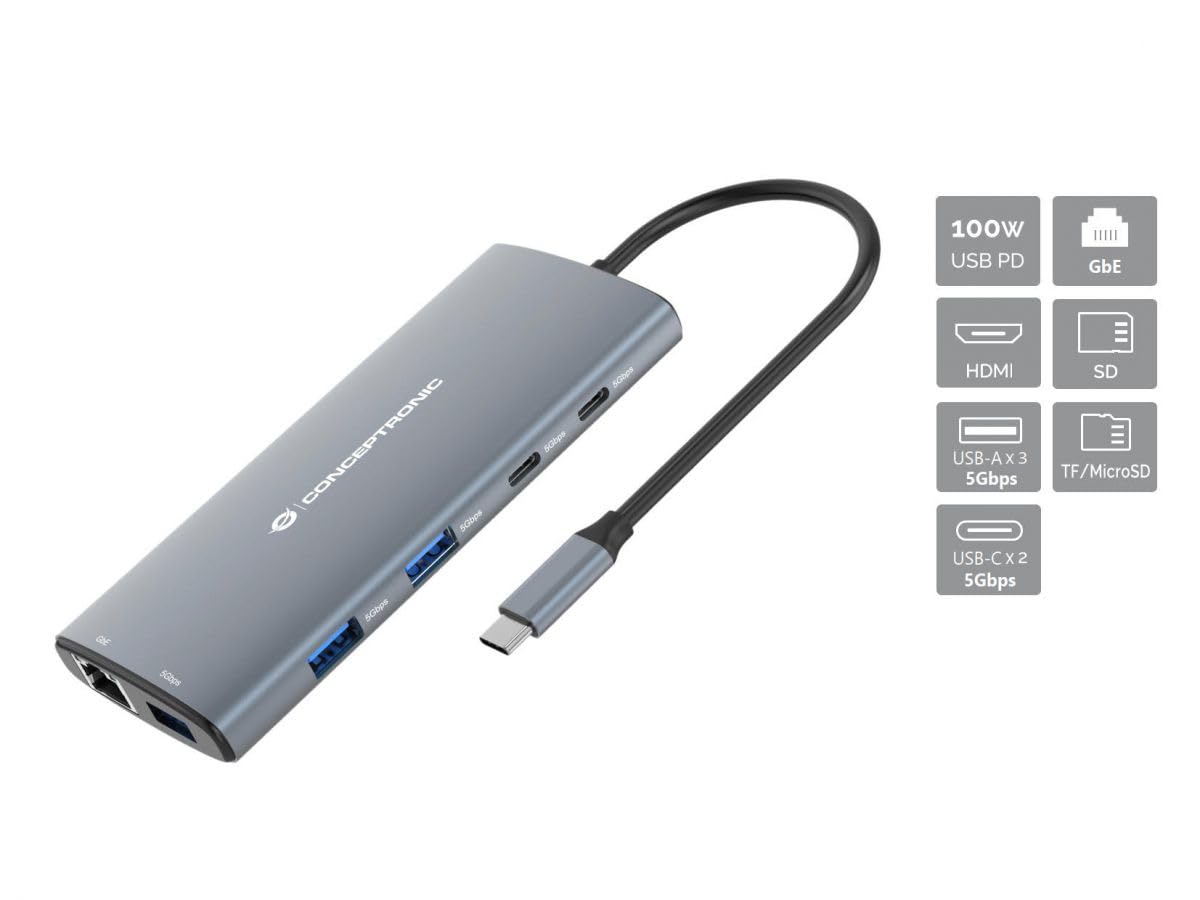 CONCEPTRONIC DONN06G 10 in 1 USB 3.2 Gen 1 Docking Station, HDMI, 100 W USB PD, USB-C 5 Gbps x 2, USB-A 5 Gbps x 3, SD, TF/MicroSD, GbE