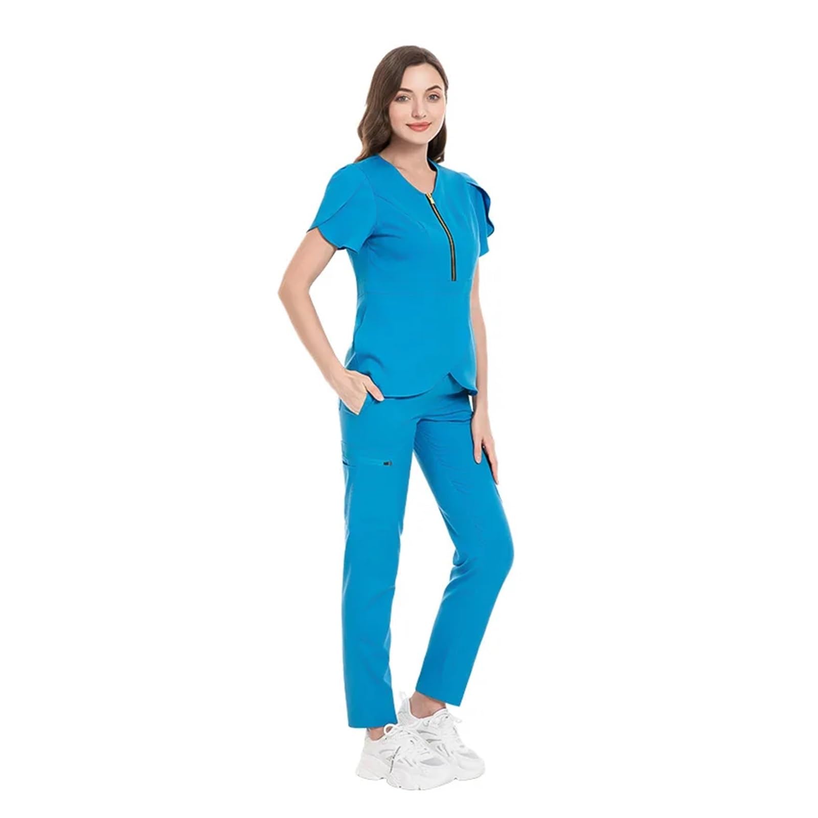 Abito da medico chirurgico, uniforme da infermiera aderente femminile con scollo a V, abiti for lavare a mano, abiti da lavoro professionali elastici Infermiera Oss Sanitario Estetista(Blue,L)