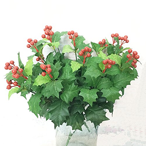 Htmeing 2Pcs Artificial Bushes Holly Spray Berries Cedar Leaf Stems Christmas Flowers Leaves Home Party Decoration (Green) #TOP3