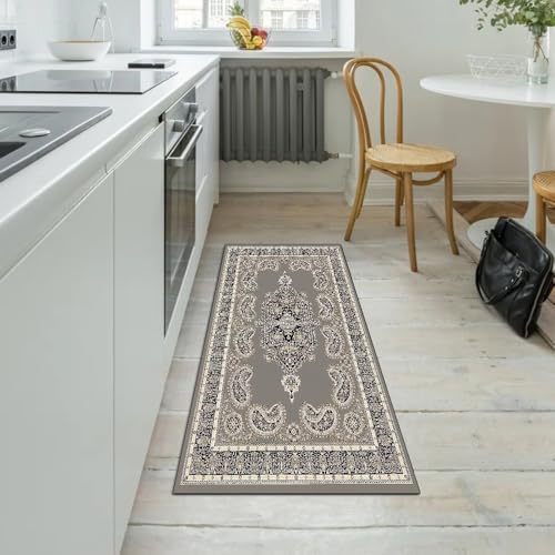 Alfombra larga para dormitorio y pasillos de diseño vintage gris de 70x350cm 5