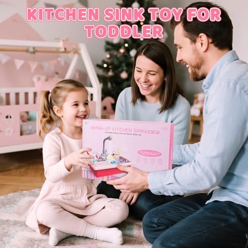 deAO Kinderspielset Pretend Kitchen Sink mit simuliertem Wasserhahn und enthaltenem Küchenzubehör - Rot