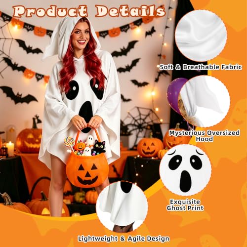 Halloween Ghost Costume for Adults, Women's White Ghost Poncho with Pumpkin Candy Bags, Ghost White Hooded Cape, Halloween Pumpkin Candy Basket, Fancy Dress Poncho for Party, Carnival, Themed Events — photo 3