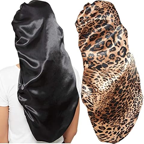 2 Pcs Hair Bonnets for Women Satin, Black Leopard Soft Elastic Band Silky Sleeping Cap Big Bonnets for Women Bonnet for Braids Cover