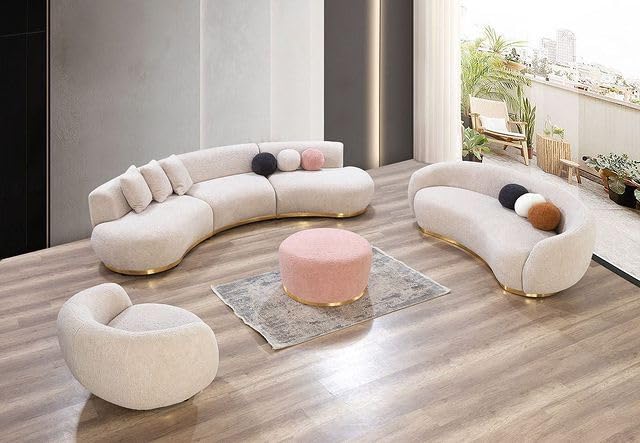 FUNTERIOR Astraea 3+2+1chair, 1 Puffy 7 Seater Beautiful and Modern Suede Velvet White, Light Pink and Gold Teak Wood Base Sofa Set for Living Room.-image-43