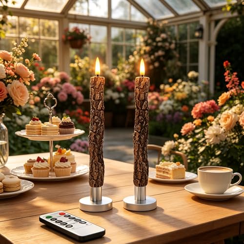 Image of LED 9.84 inch Flameless Taper Candles with Tree Bark Effect Battery Operated Real Wax Flickering Candlesticks with Remote Control and Timer Rustic Primitive Lights Decor Vintage Candles, Pack of 2