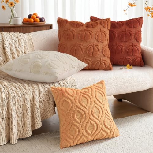 Image of decorUhome Fall Throw Pillow Covers 18x18 Inch Set of 2, Soft Plush Faux Wool Light Orange Solid Couch Pillow Covers, Accent Farmhouse Neutral Square Pillow Cases for Sofa Bed Living Room