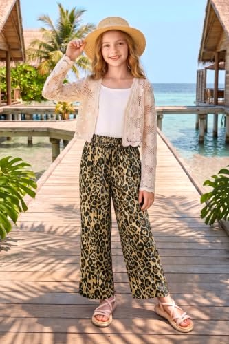 Image of Girls Summer Floral Wide Leg Pants High Waisted Flowy Dress Trousers with Pockets for School Lounge Beach 5-14 Years