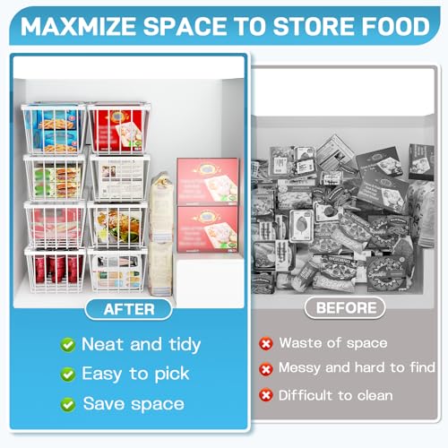 Image of SUNALLY Freezer Organizer Bins, 8 Pack Chest Freezer Organizer Stackable for 5-7 Cu.FT Deep Freezer Sort Frozen Meats and Food, Freezer Storage Baskets with Handles Easy Reach from Bottom, White