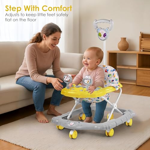 Image of BabyGo Jonny Walker for 6-24 Months | Foldable Baby Walker with Push Handle & Activity Tray | Adjustable Height Infant Walker with Wheels Music Toy Bar & Comfortable Seat (Yellow)
