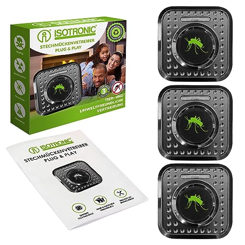 ISOTRONIC Ahuyentador de Mosquitos ultrasónico para el tomacorriente (230 V) | Repelente de Mosquitos con ultrasonidos | Eliminar Mosquitos en Interiores sin químicos | Repelente acústico | Set de 3